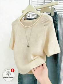 INAWLY Women's Solid Color Regular Style Short Sleeve Crew Neck Knit Top - Apricot - View 3