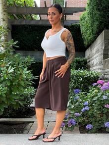 SAYEHFBABY Casual Coffee Brown Woven Fabric Bermuda Shorts For Women Wide Leg Plain Zipper Detail Summer - Coffee Brown - View 4