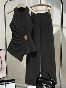 Franclia 女款純色金屬裝飾百褶上衣與長褲休閒日常套裝 - 黑色 - 查看 1