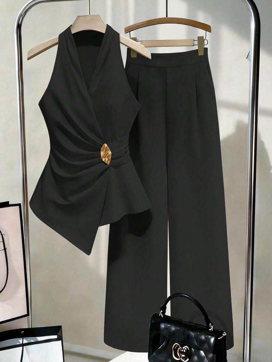 Franclia 女款純色金屬裝飾百褶上衣與長褲休閒日常套裝 - 黑色 - 查看 1