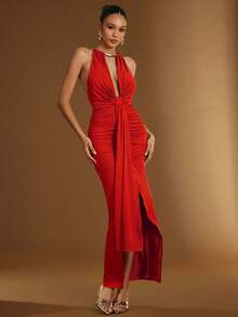 Hauture Vestido de metal dorado con cuello halter, fruncido, bajo de sirena, espalda abierta y fajín - Rojo - Ver 4