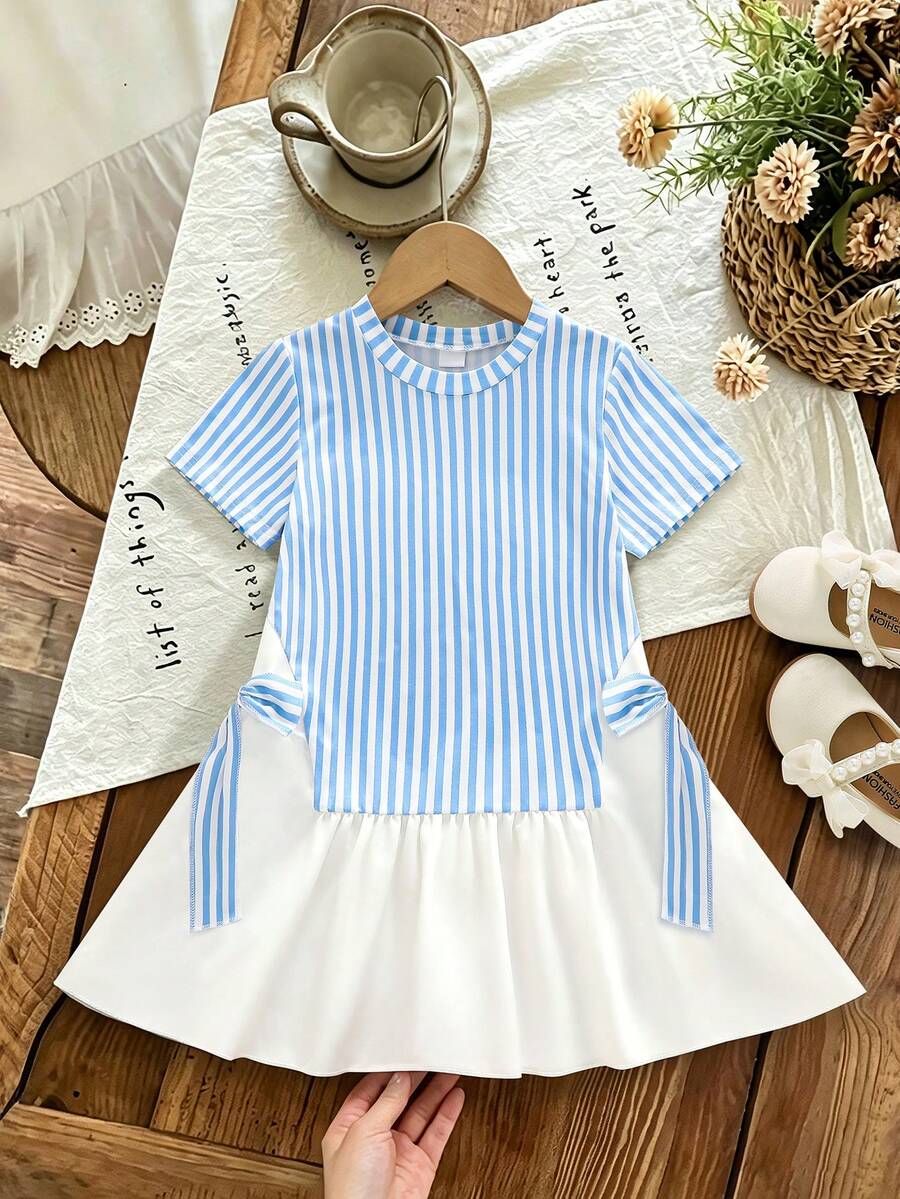 Vestido casual de uso diario para niña joven con cuello redondo y bloques de color a rayas - Azul - Ver 1