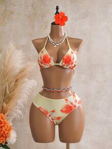 Bellisia Set Bikini 3 Potong Seksi Motif Leopard dengan Cup Segitiga dan Rok Jala serta Tali Samping untuk Wanita - Kuning - View 3