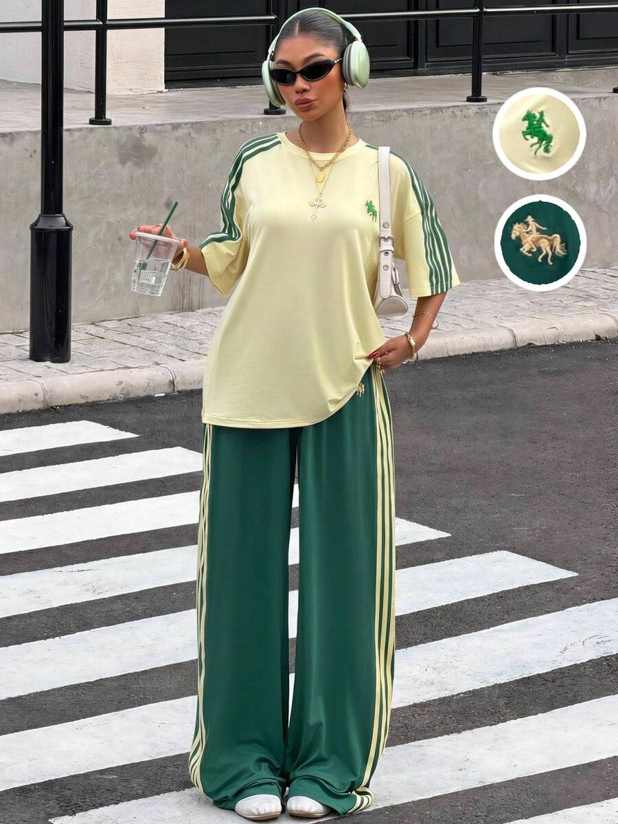 Muchica 女款圓領騎士刺繡圖案短袖上衣與寬腿褲休閒日常套裝 - 彩色 - 查看 1