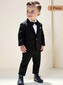 SHEIN 2 piezas Conjunto formal elegante de caballero para bebés niños, que incluye chaqueta tipo blazer de manga larga con bolsillos falsos y pantalones de cintura elástica, sin camisa, sin moño, adecuado para primavera/otoño, de 6 meses a 3 años, atuendo formal para boda, actuación, fiesta, cumpleaños, Navidad, graduación otoño invierno - Negro - Ver 1