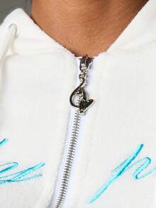 BABYPHAT Cropped Full-Zip Terry Cloth Hoodie With Embroidered Logo Script And Contrast Turquoise Detailing - White - View 4
