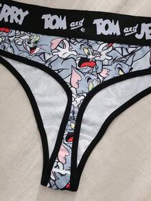 TOM & JERRY X SHEIN 女款字母卡通印花性感日常丁字褲 - 黑色 - 查看 5