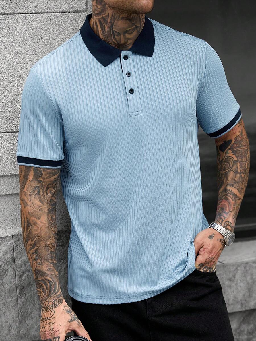 Manfinity CasualCool Men's Button Half-Placket Ribbed Short Sleeve Polo Shirt - Blue - View 1