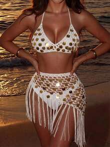 Swim SXY Conjunto de playa de 3 piezas para mujer de verano y vacaciones, top de bikini halter con lazo, espalda descubierta, sexy, de alta gama, color liso, estilo europeo y americano, hecho a mano, con patchwork calado, lentejuelas plateadas reflectantes tipo espejo y falda con pañuelo y flecos - Blanco - Ver 4