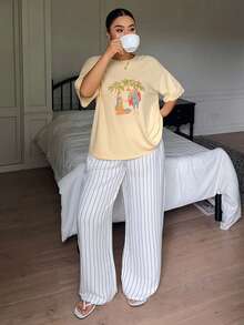 Dazy Plus Summer Pattern Print T-Shirt Top & Striped Pajama Pants Set, Plus Size Women's Spring/Summer Yellow Pajama Set - Yellow - View 5