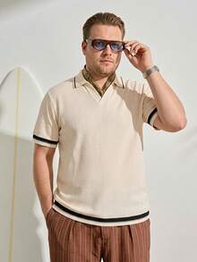 VeloEdit Plus Size Casual Daily Knitted Polo Shirt, Suitable For Summer - Beige - View 1