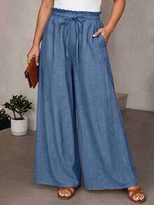 Vionelle Plus Size Women's French Casual Soft Form Capsule Elegant Wide Leg Long Pants Vacation Cruise Navy Blue Summer - Blue - View 6