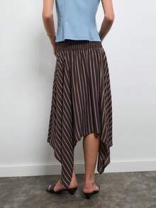 Nöista Stripe Midi Skirt With Smocked Waistband And Asymmetric Hem. Everyday, Brunch, Day-To-Night, Smart & Casual. Fall, Fall Winter Street Style. - Brown - View 5