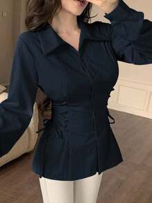 Modelyn 時尚百搭純色交叉綁腰上衣 - 藏蓝色 - 查看 1