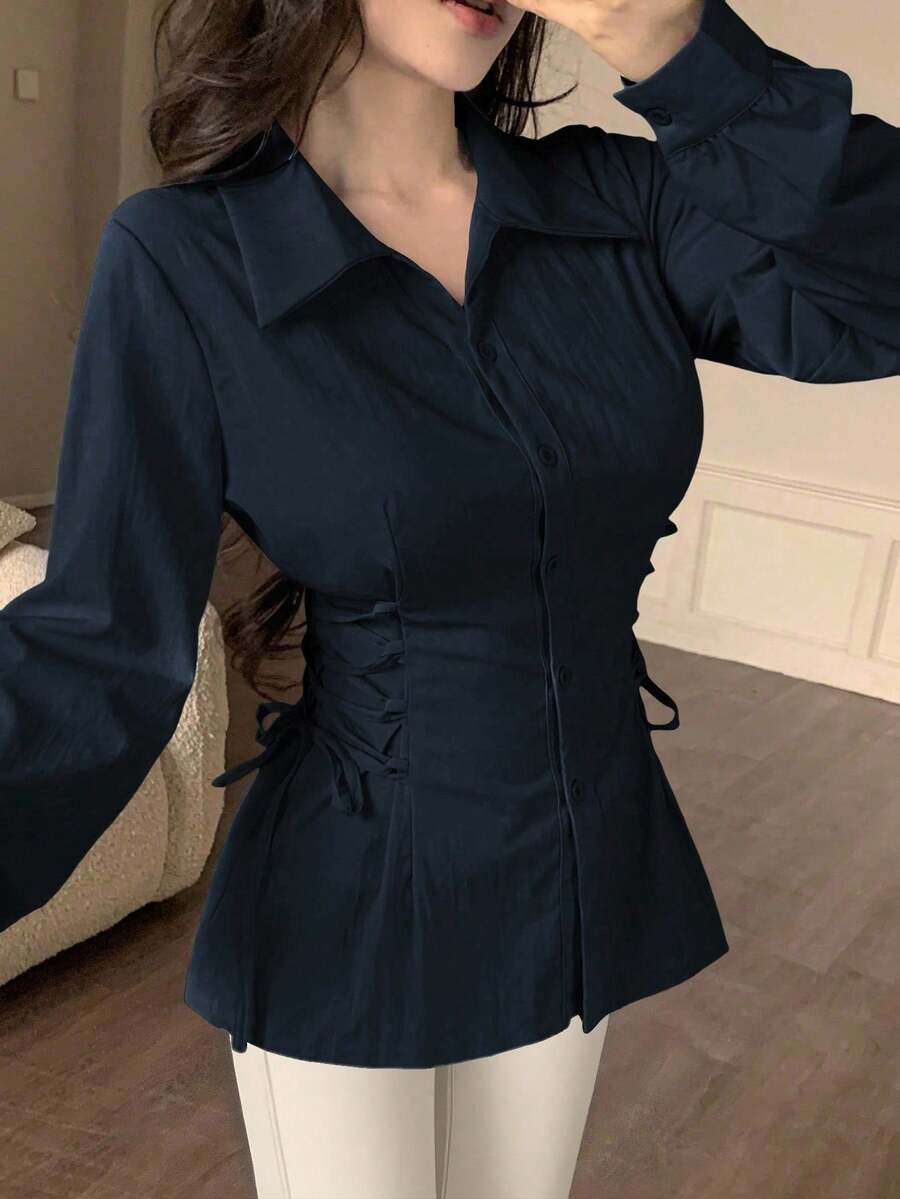 Modelyn 時尚百搭純色交叉綁腰上衣 - 藏蓝色 - 查看 1