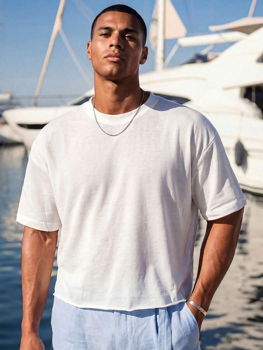 HIMLAND Men's  Relaxed Fit Crew Neck Tee In Soft Jersey. Drop-Shoulder Oversized Silhouette With Clean Minimal Finish Graphic Tee - White - View 1