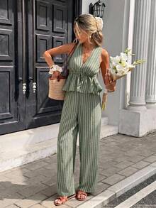 Serisse Casual Minimalist Green Striped Women's 2 Pieces Set Suitable For Summer - Green - View 2