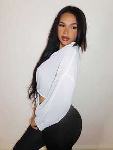 SHEIN SXY Women's Casual Versatile Single-Breasted Long Sleeve Sheer Blouse,Sexy,Sheer ,Fall,White Blouse,Casual Blouses,Basic - White - View 4