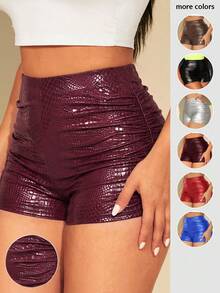 SHEIN SXY Women's Faux Crocodile Texture Pleated Fashion Shorts - Burgundy - View 6