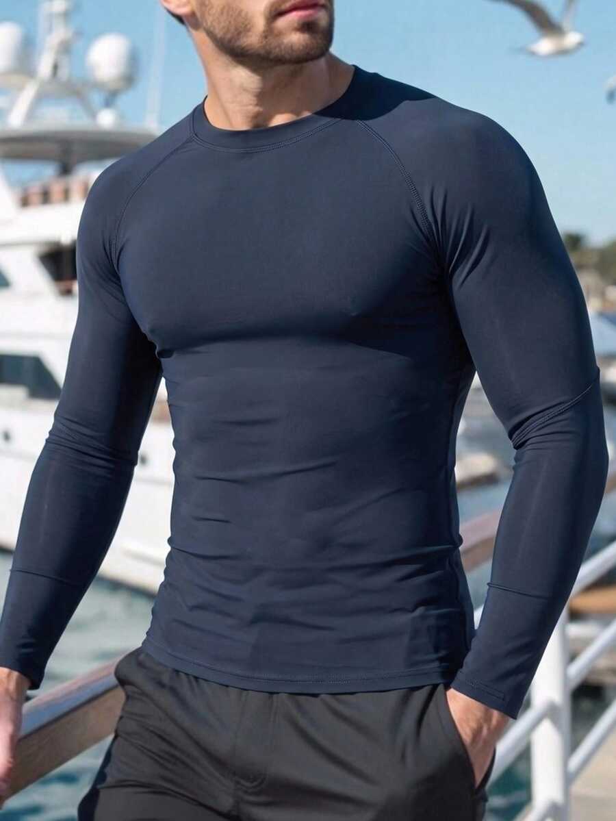 HIMLAND Solid Navy Long Sleeve Crew Neck Swim Rashguard Top
Classic Dark Blue Sun Protection Rashguard For Swimming And Water Sports - Grey - View 1