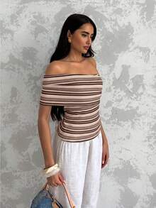 Glamine Women's Summer Vacation Asymmetric One Shoulder Diagonal Neckline Ruched Fitted Striped Sleeveless Top - Coffee Brown - View 6