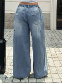 Dazy Plus Vintage Distressed Washed Faded Street Style Loose Straight Leg Blogger Casual Outing Preppy Plus Size Women's All Season Blue Jeans School - Light Wash - View 8