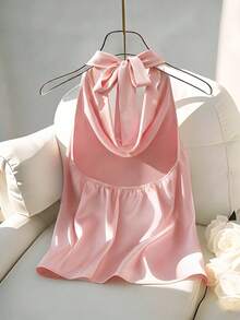 GlowEve CURVE 女款夏季休閒浪漫度假風優雅細肩帶露背大尺碼背心上衣，適合雞尾酒會與約會之夜，粉色 - 粉色 - 查看 2