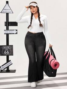 Flexra Plus Size Casual Everyday Date Night Dinner Washed V-Waist Flare Leg Jeans Black Summer - Light Grey - View 5