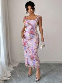 Elenzga Vestido Midi Mulheres Plus Size Elegante e Romântico com Estampa Floral Aleatória e Cintura Franzida, Adequado para Casamento, Festa, Encontro e Outras Ocasiões na Primavera/Verão - Roxo - Visão 3