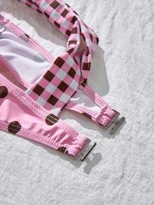 Swim Mod Women's Summer Beach Polka Dot Plaid Ruched Bikini Top And Triangle Bottom Two-Piece Swimsuit Set Pink And Black Polka Dot Cute - Pink - View 5