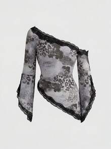 ROMWE Animal Print Grey Leopard Print Gradient Hippie Music Festival Vintage Sexy Lace Off-Shoulder Blouse For Women Night Out Summer - Grey - View 3