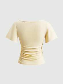 ROMWE Y2K 女款性感蝙蝠袖 T-shirt，十字鉚釘設計，淺黃色，適合萬聖節之夜、夜店、夏季穿著 - 黃色 - 查看 2