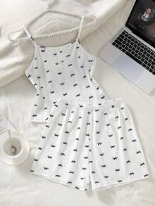 SHEIN Teen Girl Wide Ribbed Bow Print Camisole & Shorts Set Loungewear - Multicolor - View 7