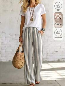 SHEIN LUNE Women's Autumn Casual Boho Cotton Blend Grey Striped Loose Fit Long Pants Suitable For Beach Vacation And Daily Commute - Grey - View 1
