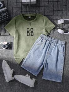 SHEIN 2pcs Tween Boys Casual Versatile Comfortable Round Neck Loose Short Sleeve Knit T-Shirt And Denim Shorts Set, Suitable For Back To School Clothes - Army Green - View 3