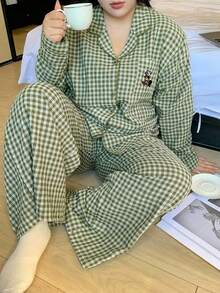 Dazy Plus 格子宽松睡衣套装，家居服套装，四季皆宜 - 薄荷綠 - 查看 6