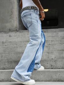 GALLERY FADE Men's Casual Flare Denim Jeans, Splatter Design Loose Wide Leg Jeans, Streetwear Retro Washed Casual Pants - Blue - View 2