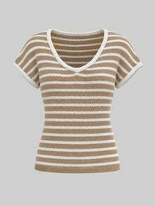 LUMIGAL Horizontal Striped V-Neck Trimmed Cuff Short Sleeve Fitted Knit Top - Multicolor - View 4