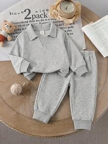 SHEIN 2pcs Toddler Baby Boy Casual Chic Solid Plain Long Sleeve Collared Soft Squishy Hoodies Sweat Pants 2 Piece Sets Outfits Clothes Spring Fall Winter - White - View 8