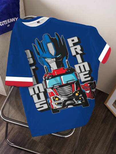 Transformers X SHEIN Men's Cartoon Pattern Striped Print Crew Neck Short Sleeve T-Shirt