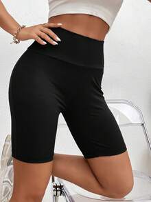 Chiquease Shorts biker de cintura ancha tejido de canalé - Negro - Ver 5