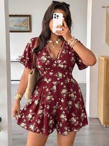Vionelle Plus Size Floral Print Casual Versatile Romper, Spring/Summer - Burgundy - View 1