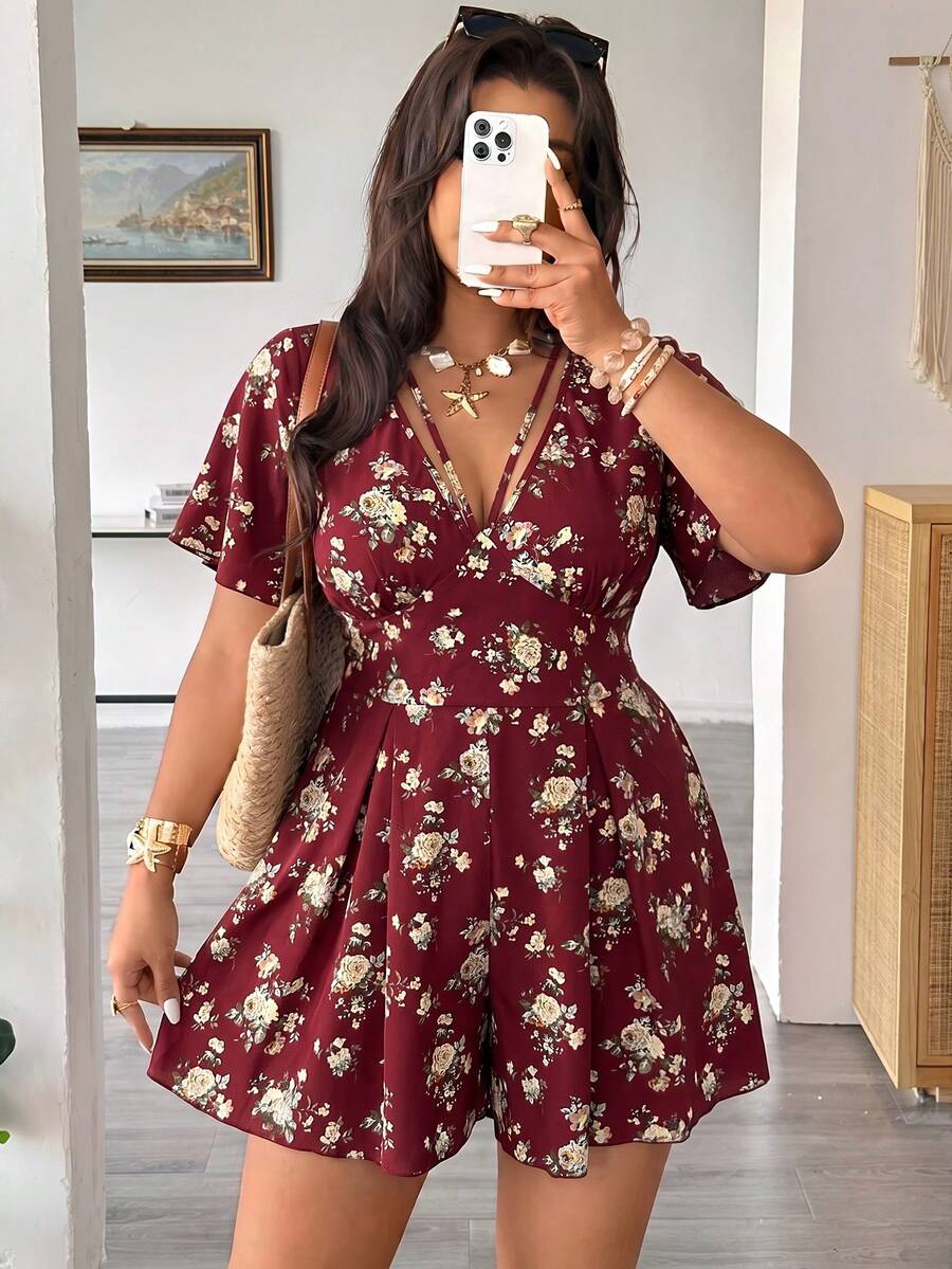 Vionelle Plus Size Floral Print Casual Versatile Romper, Spring/Summer - Burgundy - View 1