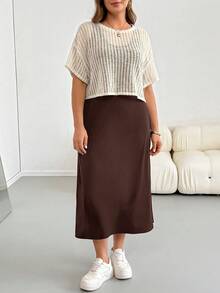 Shapeblank Plus Size Women's Solid Color Dress And Short Sleeve Top Casual Gothic Modest Daily 2-Piece Set Office Work Beige Chocolate Brown Summer - Coffee Brown - View 4