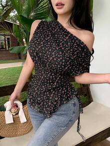 Modelyn 女款黃色碎花不對稱領抓皺百褶極簡性感度假襯衫 - 黑色 - 查看 5