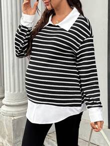 SHEIN Maternity Collared White Pattern Casual Soft Form 1960s Normal Loose Sweatshirt Autumn Outfit For Women Winter Gender Reveal Formal Homewear Office - Black - View 5