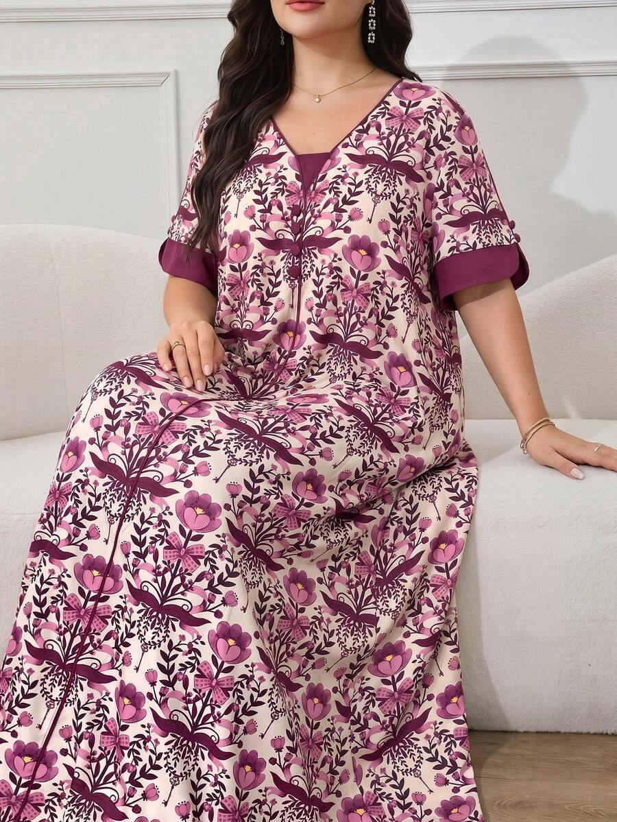 Al Najma 大尺碼女款花卉印花短袖寬鬆阿拉伯風洋裝 - 紫色 - 查看 1
