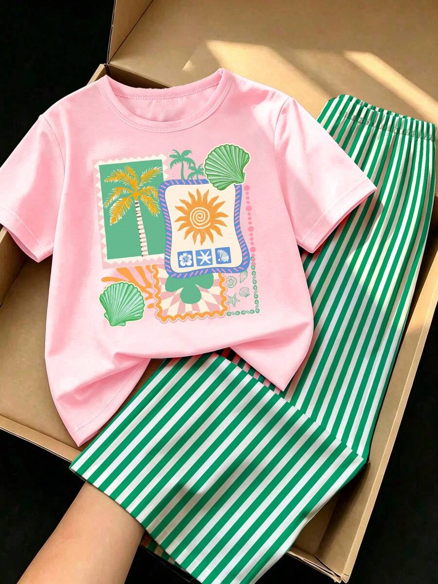 Back To School Girls Fresh Beach Coconut Tree Shell Vacation Style Print Basic Short T-Shirt + White & Green Vertical Striped Wide Leg Pants Set - Multicolor - View 1