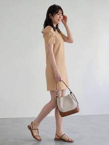 Yumoku Vestido túnica de color sólido con mangas abullonadas y ribete de volantes, casual - Caqui - Ver 3