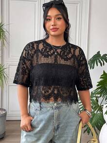 SHEIN EZwear 大尺碼女款蕾絲性感百搭上衣，適合約會與外出 - 黑色 - 查看 5